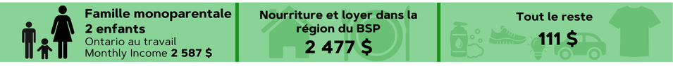 Famille monoparentale 2 enfants Ontario au travail Monthly Income 2 587 $ Nourriture et loyer dans la région du BSP 2 477 $ Tout le reste 111 $